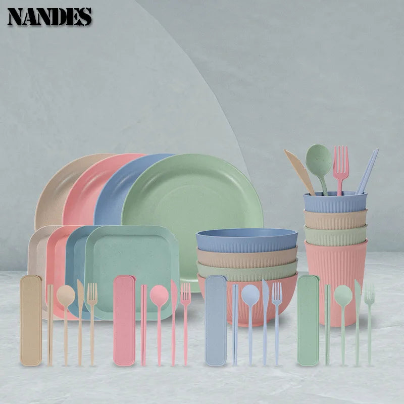 36pcs Plate Sets Wheat Straw Eco-Friendly Ramen Bowl Tableware Dinner Dishes Set Camping Tableware Set With Knife Fork Spoon