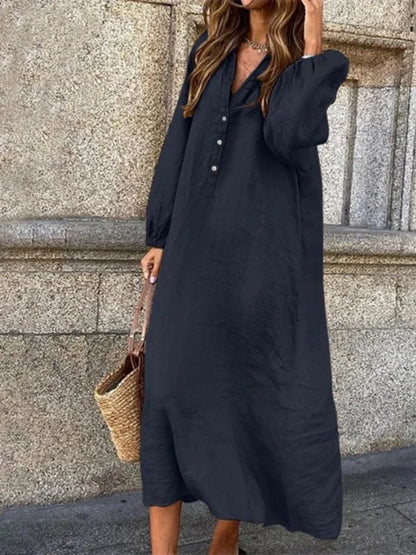 Vestido de algodão e cânhamo feminino, robe de manga comprida, decote em v, meio aberto, monocromático, casual, elegante, tamanhos grandes, moda verão, 2022