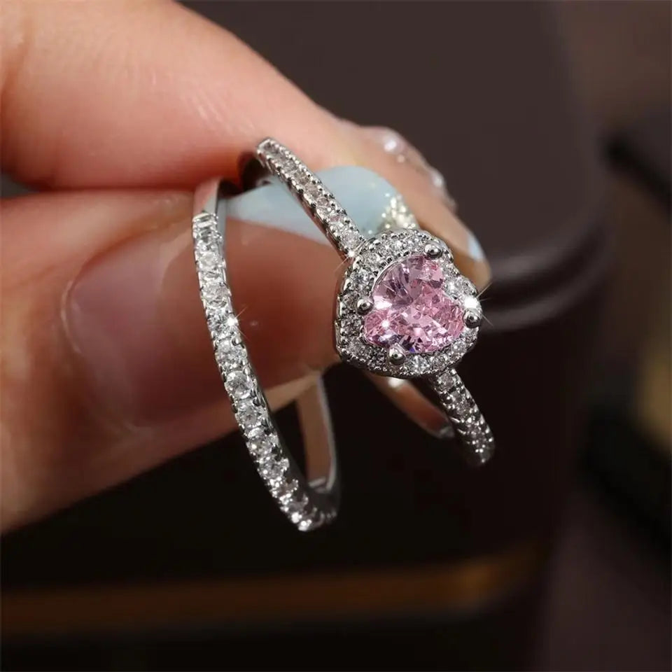 ZAKOL Romantic Pink Heart CZ Engagement Rings for Women Fashion AAA Cubic Zirconia Wedding Bands Jewelry Valentine's Day Gift