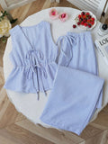 Women's Sets Two 2pcs Sale Summer V Neck Sleeveless Lace Up Vests&High Elastic Waist Striped Wide Leg Pant Suits OUYW-25014