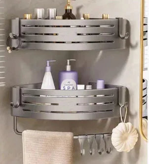 No Drill Bathroom Corner Shelf Wall Mounted Shower Corner Shelves with Hook Towel Bar Space Aluminum Bathroom Organizer Rack