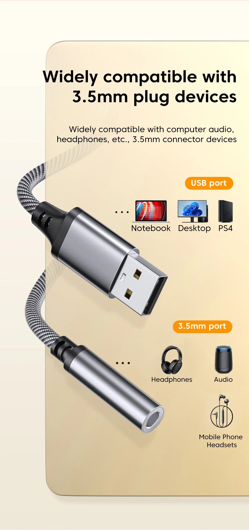 Adaptador de audio USB a conector de 3,5 mm Olaf. Cable de audio USB A a 3,5 mm. Adaptador USB a conector de audio. Convertidor de auriculares para PC y portátil.