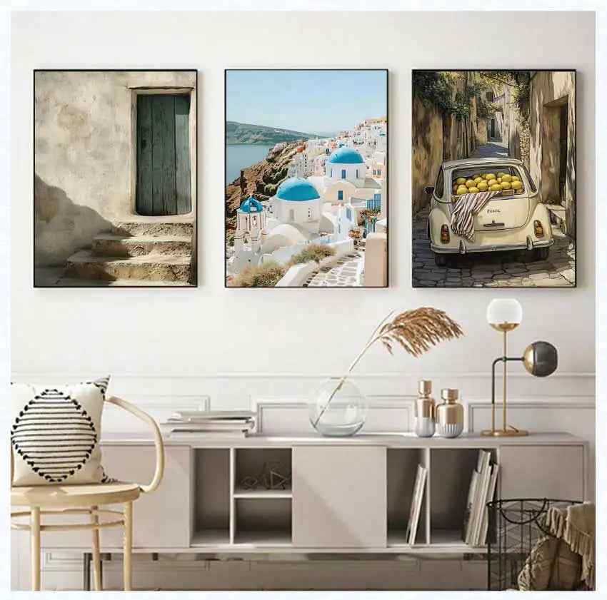 Retro Mediterranean Greece Landscape Poster Canvas Painting Wall Art Pictures Home Decoration Italian Lemon Orange Olive Tree