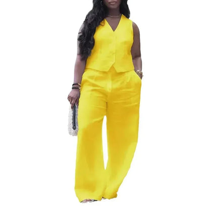 CM.YAYA Street Women's Set Sleeveless Button Fly Vest Shirt and Wide Leg Pants Elegant 2024 Fall Fashion Two 2-Piece Set Outfits