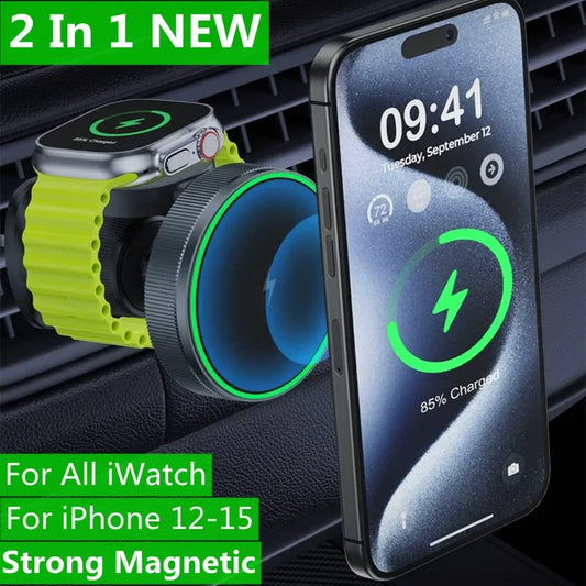 Novo carregador magnético sem fio para carro 2 em 1, para apple watch iwatch 8 7 6 iphone 15 14 13 12 pro max, suporte de carregamento rápido para carro