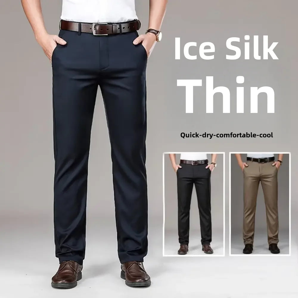 Pantalones casuales de seda helada para hombre, de negocios, formales, de verano, finos, rectos y holgados, para hombres de mediana edad.