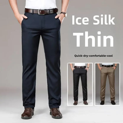Pantalones casuales de seda helada para hombre, de negocios, formales, de verano, finos, rectos y holgados, para hombres de mediana edad.