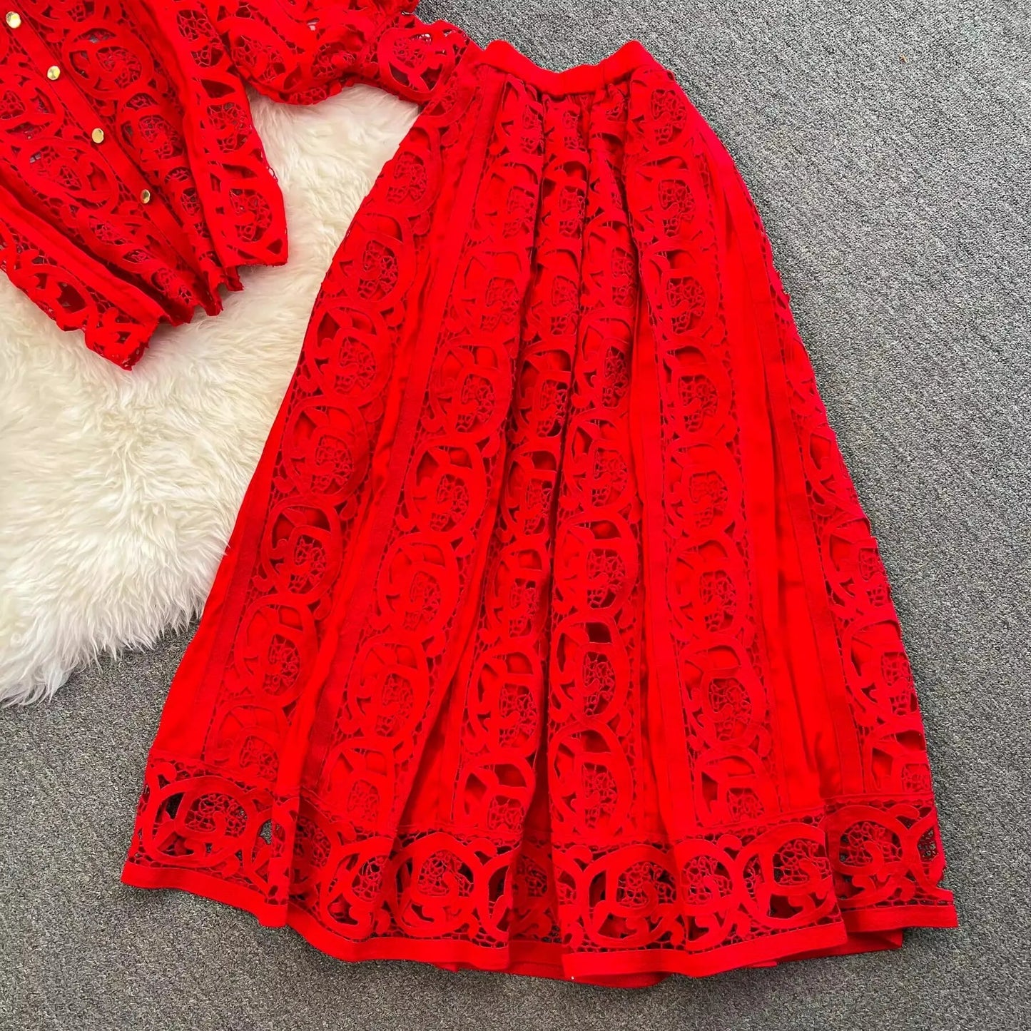 Autumn Crochet White Lace Embroidery 3 Pieces Sets Women Dress Suits Hollow Out Loose Shirt Top Elastic Waist Maxi Skirt Suit