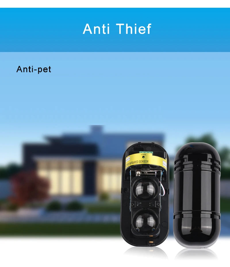Detector de infrarrojos antilluvia de dos haces con alarma y sensor, distancia de detección de 150 m para seguridad en exteriores.