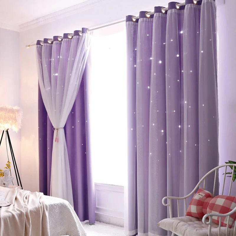 Kids Girls Bedroom Pink Curtains Star Cutout Blackout with White Sheer Pastel Nursery Window Curtain Panels for Living Room Home