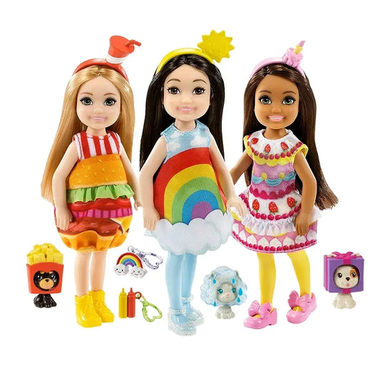 Original Barbie Dolls Club Chelsea Dress Up Burger Costume Pets Accessories Kids Toys for Girls Princess Play House Set Juguetes