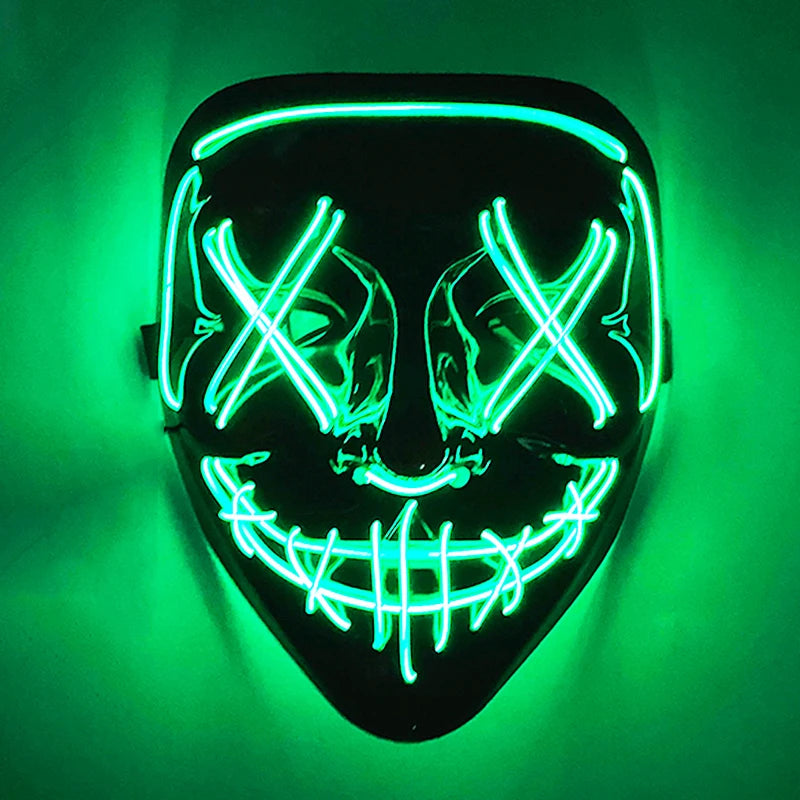 Artigos para Festa de Halloween 2026: Máscara LED Luminosa Estilo "Uma Noite de Crime" (Purge) com Luz Neon EL Sem Fio – Máscara de Rosto Inteiro para Cosplay Adulto (Brilha no Escuro)