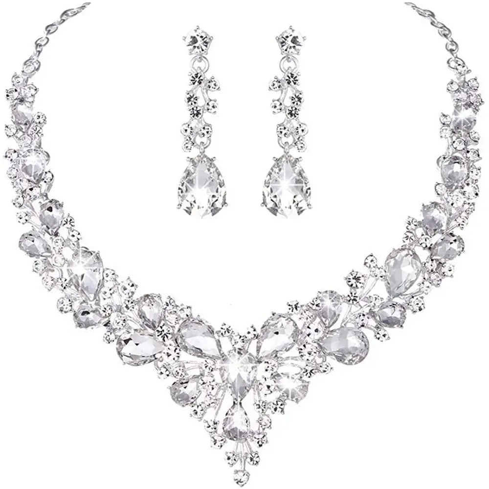 1 Juego de joyas para mujer, para fiesta, boda, novia, cristal austriaco, lágrima, racimo, collar llamativo, pendientes colgantes, regalos para ella