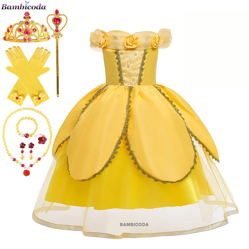 2025 Cosplay Belle Princess Dress Girls Dresses For Beauty and beast Party Clothing Magic stick crown Costume 3-12Y