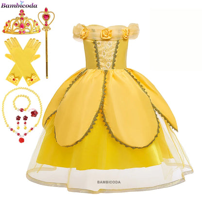 2025 Cosplay Belle Princess Dress Girls Dresses For Beauty and beast Party Clothing Magic stick crown Costume 3-12Y