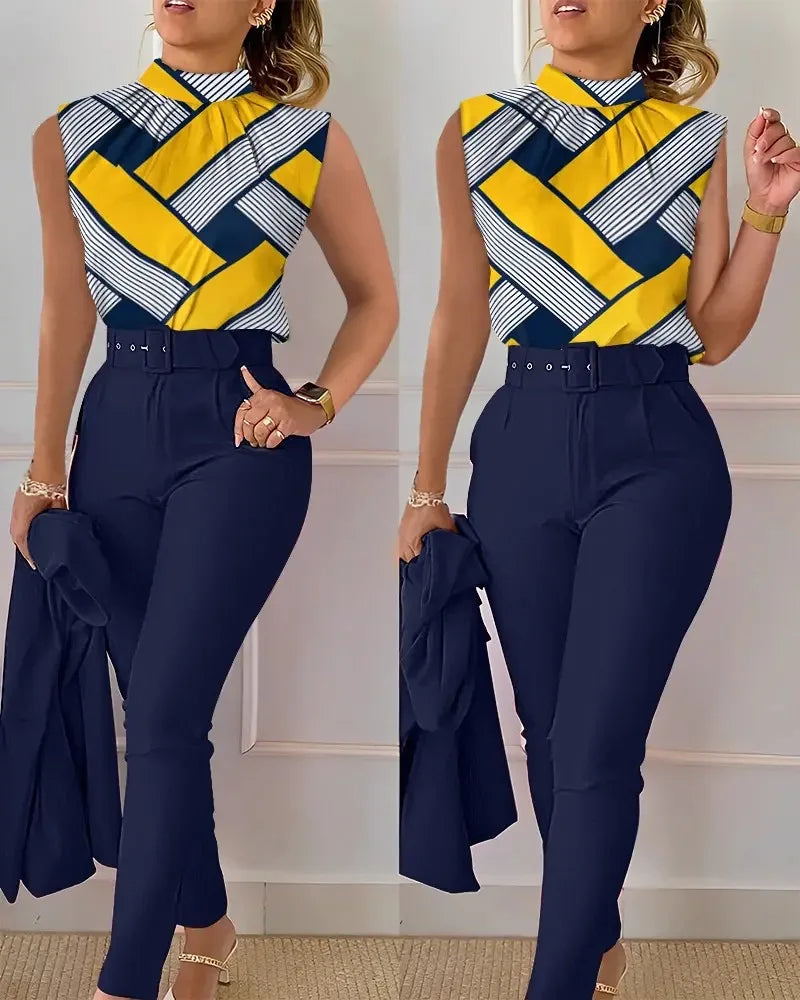 Summer Denim Blue Set Women Stand Collar Sleeveless Top  High Waist Pants Work Printing 2 Pieces Suit Sets Female Casual Outfits