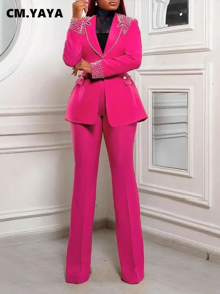 CM.YAYA Conjunto de dos piezas de chaqueta de manga larga y pantalón ancho para mujer, con empalme de perlas, para invierno y otoño de 2024