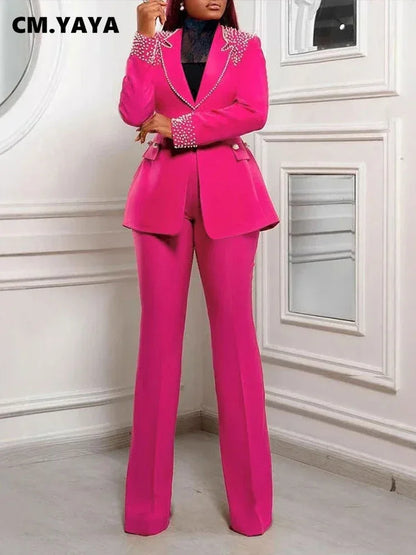 CM.YAYA Conjunto de dos piezas de chaqueta de manga larga y pantalón ancho para mujer, con empalme de perlas, para invierno y otoño de 2024