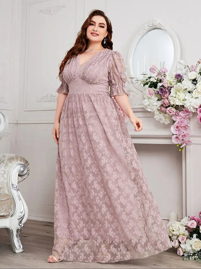 Vestido de noite feminino curvilíneo de renda – vestido maxi sem mangas com decote em V para casamentos de verão (tamanho grande)