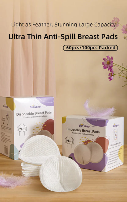 SUNVENO 60/100pcs Disposable Nursing Pads,Breast Pads for Breastfeeding,Thin,Absorbent,Breastfeeding Essentials