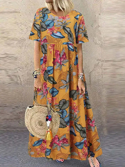 Vestido de festa elegante 2024 feminino elegante plus size saia solta em torno do pescoço manga curta retro impressão casual vestido longo feminino