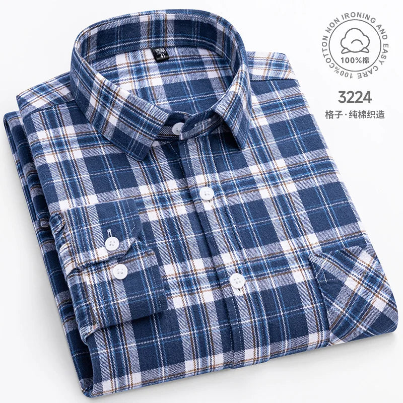 Men Fashion Long Sleeve Brushed Flannel Shirt Single Pocket Comfortable 100% Cotton Casual Slim Fit Button-down Plaid Shirts 8XL