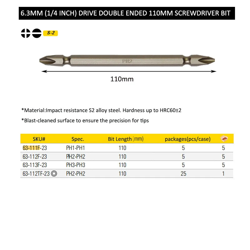 Stanley-Long Precision Screwdriver Bits, Shockproof, Phillips, Slotted, PH2, Drill Bits, 1/4 bit, HRC60, ± 2 S2, 110mm, 65mm