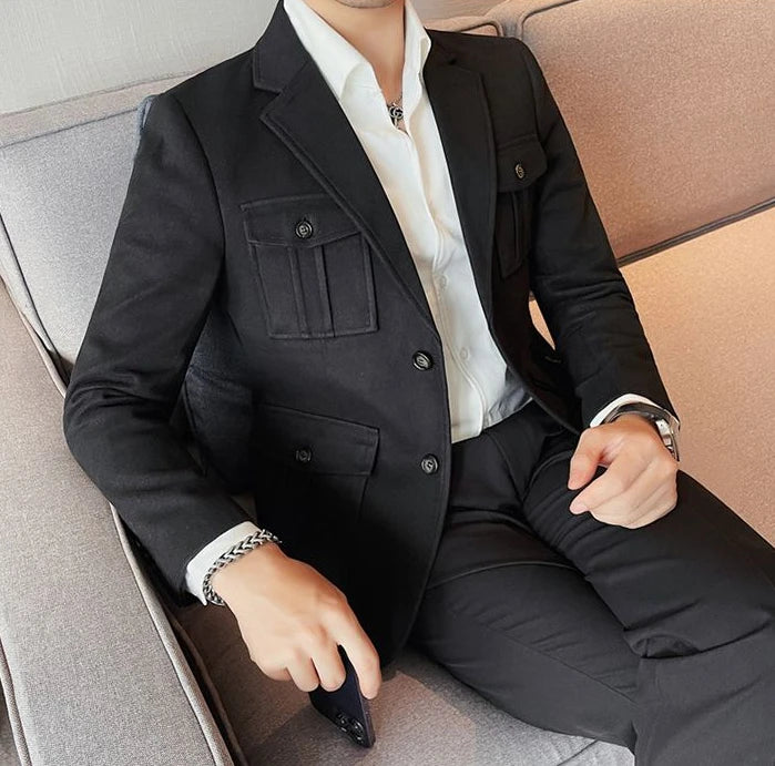 Chaqueta de traje de tweed para hombre, blazer de un solo pecho, gris, moda 2024, abrigo de diseñador de lujo para hombre, ropa de estilo coreano informal