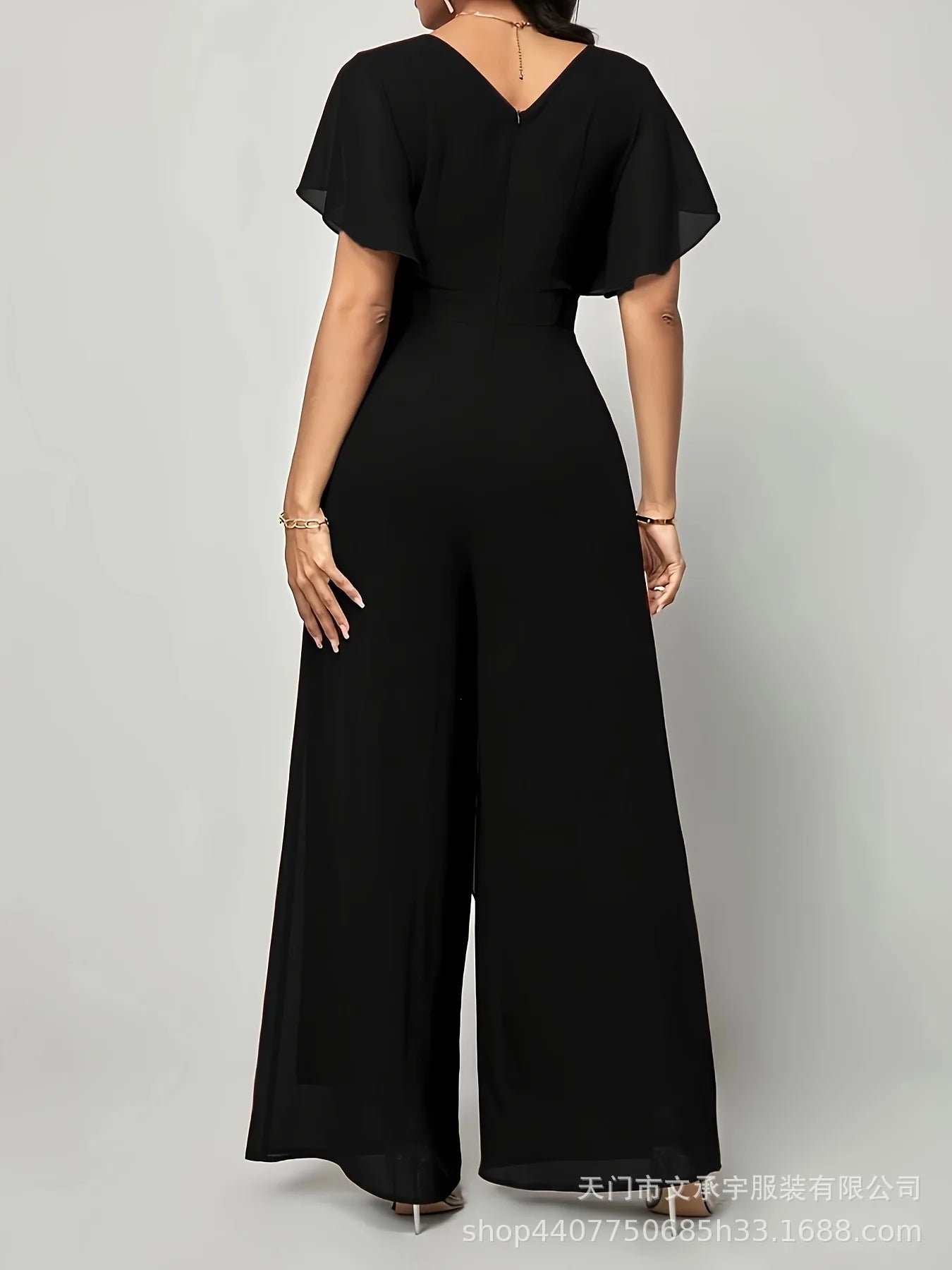 Women's New Solid V Neck Flutter Sleeve Tie Waist Split Wide Leg Jumpsuit Elegant Slimming Versatile Party Daily Casual Jumpsuit