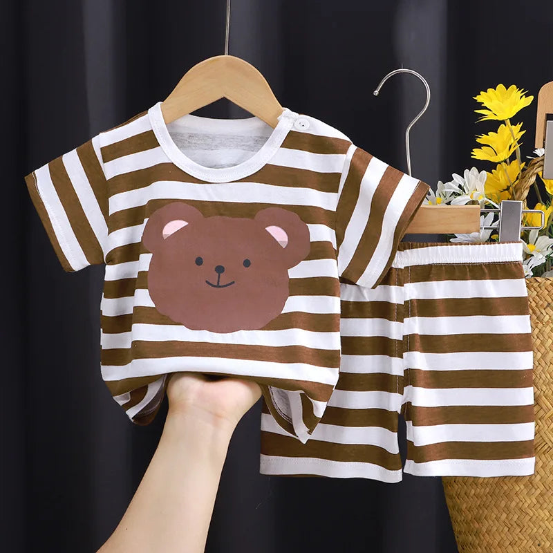 New Boys Summer Clothing Set Full Bear Print Cotton Short Sleeve T-shirts and Shorts 2PCS Breathable Outfit For Girls