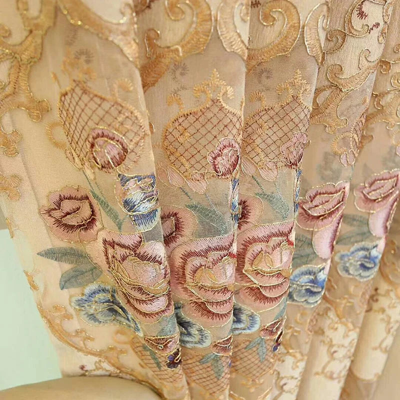 Luxurious Beige Peony Embroidery Curtains for Living Room Semi-Blackout Curtains for Bedroom Villa Hotel Decoration M258#40