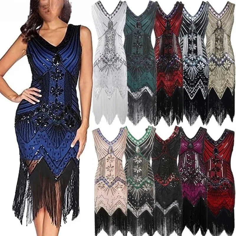 Mandylandy Women Vintage Dress Retro 1920s Great Gatsby Dress Sequin Flapper Sleeveless Dancing Party Prom Tassel Hem Dress