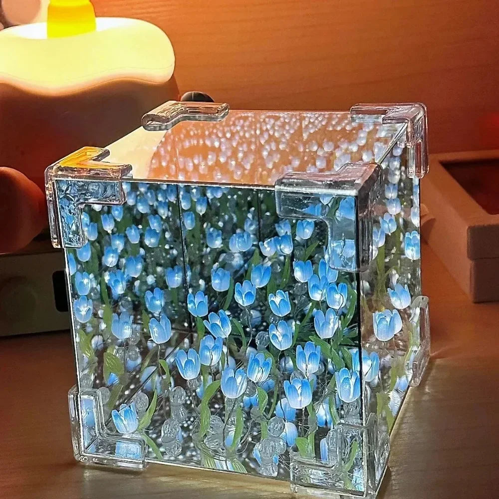 2025 DIY Tulip Sea Rubik's Cube Mirror Night Light Car Decoration Materials Handmade Birthday Gifts for Friends and Colleagues
