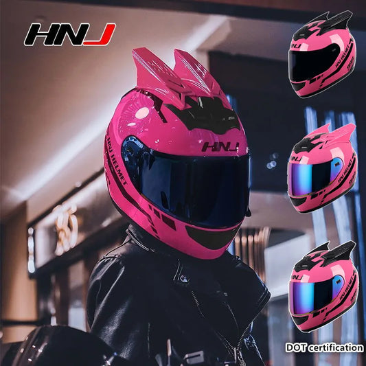 HNJ Men Motorcycle Helmet Women Full Face Helmet Riding Personality Horn Pink Helmet DOT Certification casco moto