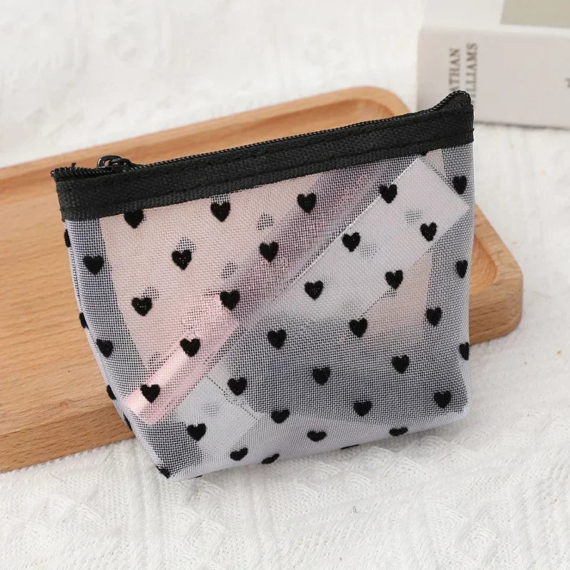 Heart-Shaped Nylon Mesh Cosmetic Bag Portable Toiletry Organizer for Women Makeup Storage