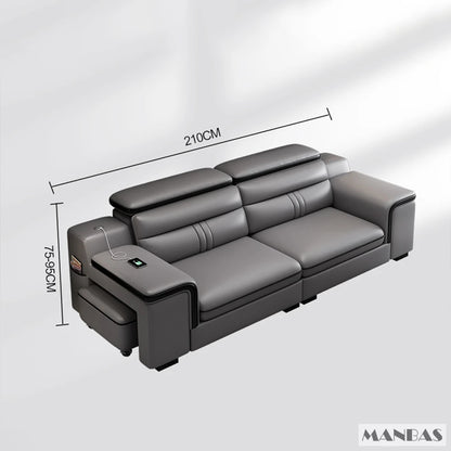 MINGDIBAO Leather Sectional Sofa Set with Cup Holder, USB, Adjustable Headrests & Bluetooth Speaker Living Room Couch with Stool