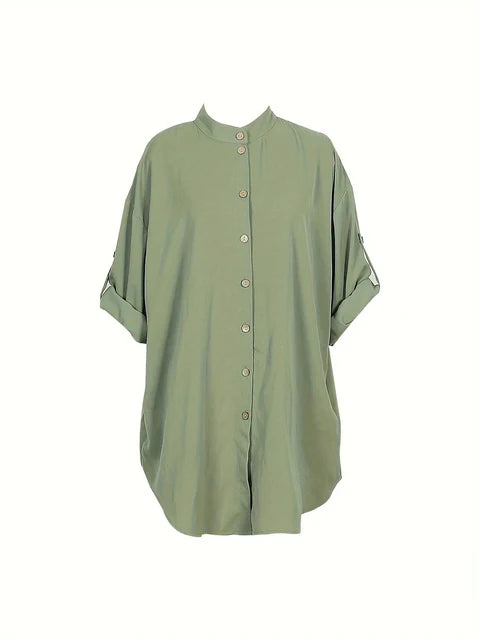 Vestido de mujer con cuello en V, botones, manga corta, peplum, cómodo, monocromático, talla grande, verano 2024, la mejor opción. 
