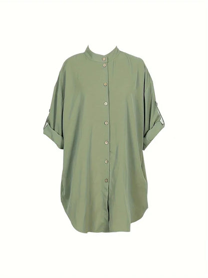 Vestido de mujer con cuello en V, botones, manga corta, peplum, cómodo, monocromático, talla grande, verano 2024, la mejor opción. 
