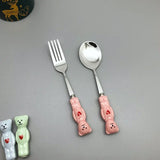 New Cute Bear Spoon Fork Ceramic Dessert Milk Fruit Salad Spoons Cartoon Flatware Kid Cutlery Tableware School Picnic Dinnerware