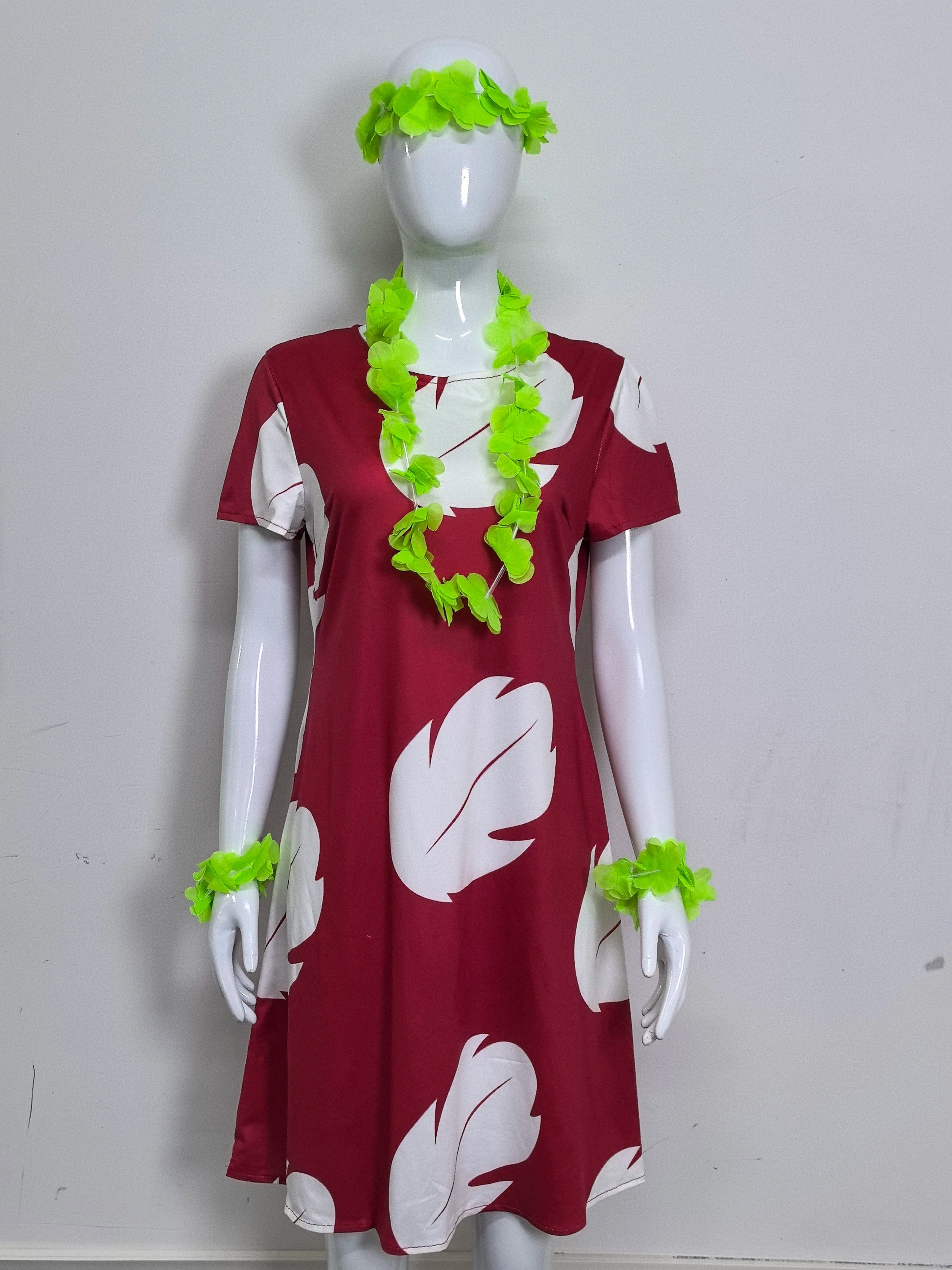 Lilo Cosplay Costume Pelekai Red Lilo Dress with Hawaiian Leaf Flower Leis Accessories Flower Hair Clip Halloween Party Cosplay
