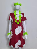 Lilo Cosplay Costume Pelekai Red Lilo Dress with Hawaiian Leaf Flower Leis Accessories Flower Hair Clip Halloween Party Cosplay