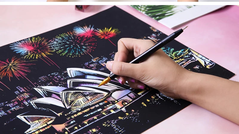 Scratch Art Paper Set 2 Sheets World Landmark Night Scene with Stylus DIY Crafts Stress Relief Creative Painting Adult Kids Gift