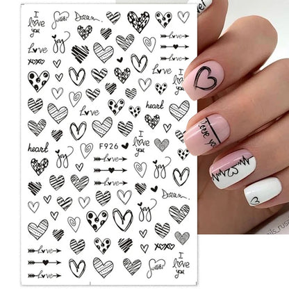 1Sheet 3D Red Heart Laser Nail Sticker Black Letter Star Line Self-Adhesive Slider Valentine's Day Series Nail Decals Decoration