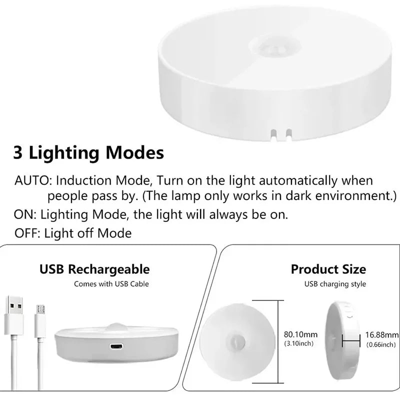 Kit com 2 a 6 unidades de Luz Noturna LED com Sensor de Movimento, Recarregável via USB, 3 Cores de Luz – Ideal para Armários, Guarda-roupas, Escadas e Closets (Sem Fio)