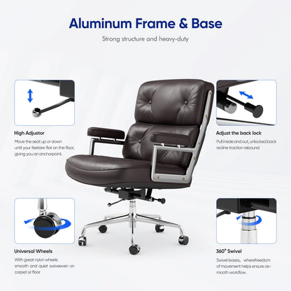 Mid Back Genuine Leather Office Executive Desk Chair With Thickened Backrest and Ergonomic Swivel Computer Chair