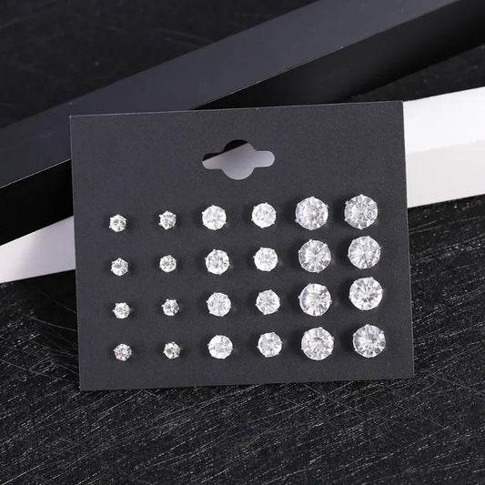 Juego de 12 pares de pendientes de boda blancos brillantes para mujer y hombre, accesorios de joyería de cristal, aretes de joyería