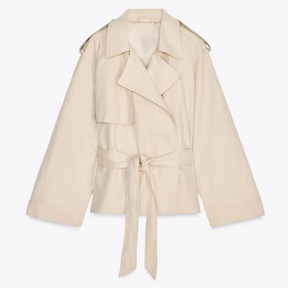 Casual Office Women's Bomber Jacket Chic Lace Up Lapel Collar Full Sleeve Female Coat Spring New Office Lady Outerwear Commuting