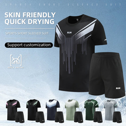 Fitness Clothes Ice Silk Quick-Drying T-Shirt Suit Men's Short Sleeve Running Sportswear Shorts Tracksuit Gym Sports Training Sets