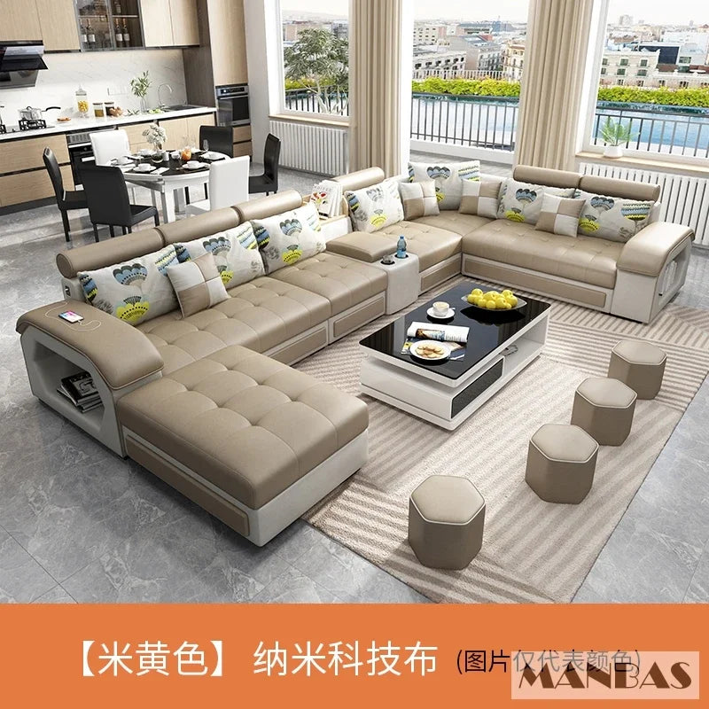 Linlamim Fabric Sofa Set Furniture Living Room Sofa Set with USB and Stools / Big U Shape Cloth Couch Sofas for Home Furniture