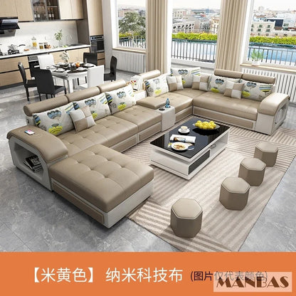 Linlamim Fabric Sofa Set Furniture Living Room Sofa Set with USB and Stools / Big U Shape Cloth Couch Sofas for Home Furniture